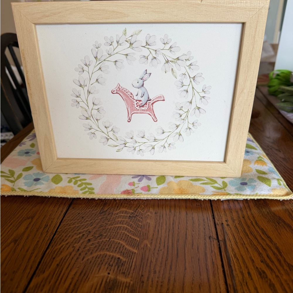 Bunny Wreath Framed Art Print - Pink and Cream